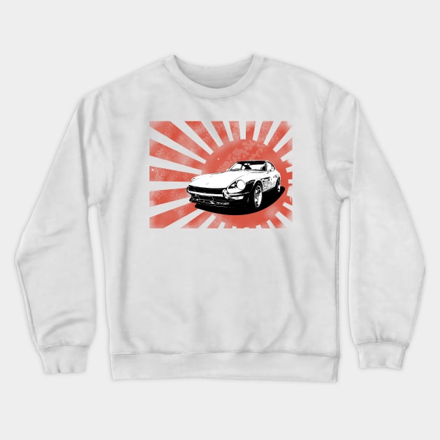 A Datsun 240Z on a weathered rising sun Crewneck Sweatshirt by BuiltOnPurpose